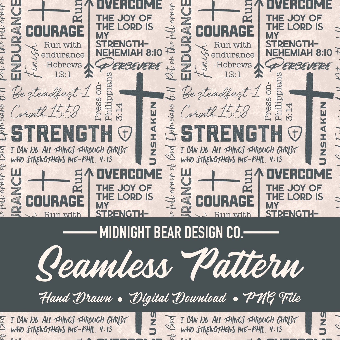 Blue Grey Strength and Endurance Seamless Pattern | Christian Word Grid with Bible Verses