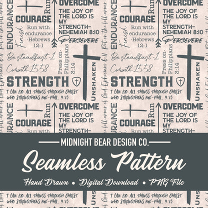 Blue Grey Strength and Endurance Seamless Pattern | Christian Word Grid with Bible Verses