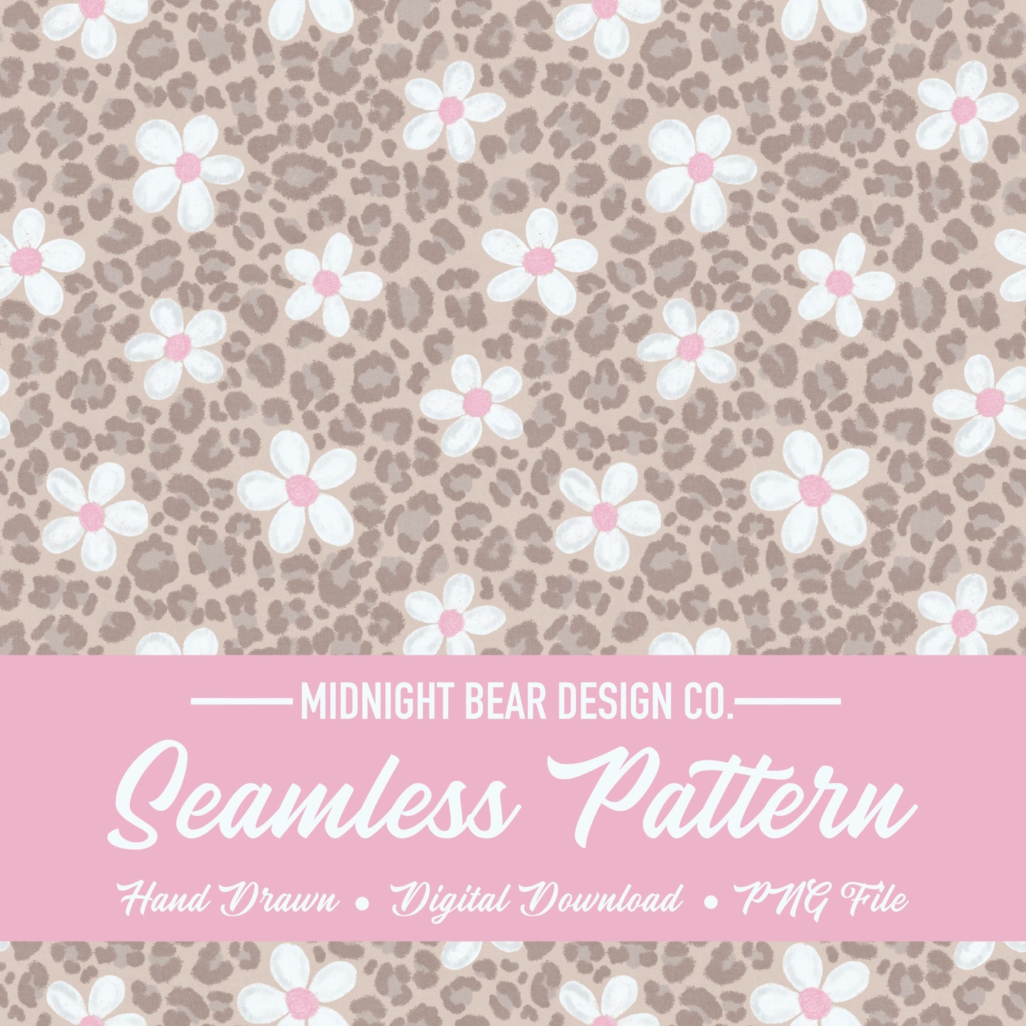 Neutral Daisy Leopard Print Seamless Pattern Soft Taupe Animal Print Digital Paper, Boho Fabric, Digital Scrapbook, Hand Drawn, PNG Download