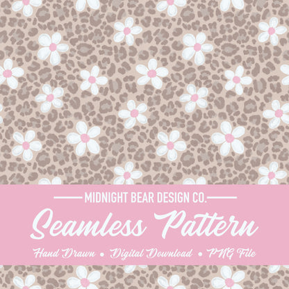 Neutral Daisy Leopard Print Seamless Pattern Soft Taupe Animal Print Digital Paper, Boho Fabric, Digital Scrapbook, Hand Drawn, PNG Download