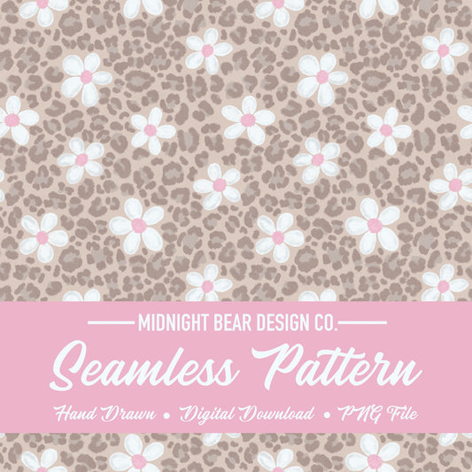 Neutral Daisy Leopard Print Seamless Pattern Soft Taupe Animal Print Digital Paper, Boho Fabric, Digital Scrapbook, Hand Drawn, PNG Download
