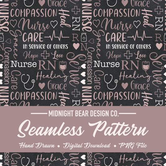 Nurse Word Grid Seamless Pattern | RN Compassion Care Healing Words, Grey Mauve Nursing Typography Design, nurse appreciation, nurse gift