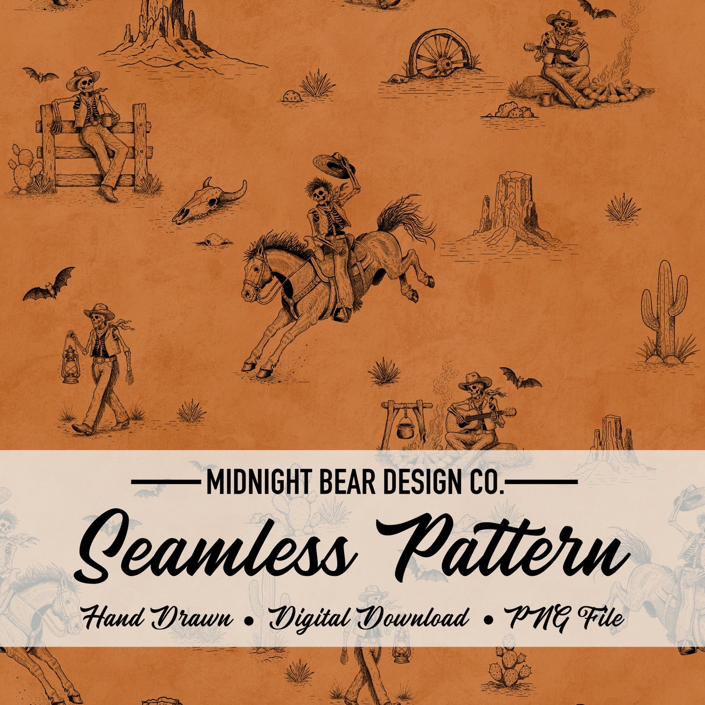 Skeleton Ranch Halloween Vintage Toile Seamless Pattern Old Leather