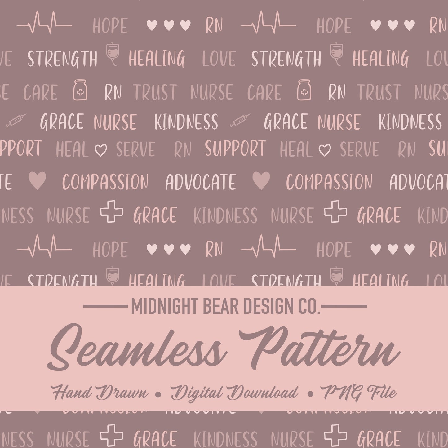 Nurse Word Seamless Pattern | Typography Design | Mauve Pink Healthcare Appreciation Pattern, Nurse gift fabric, professional nursing repeat