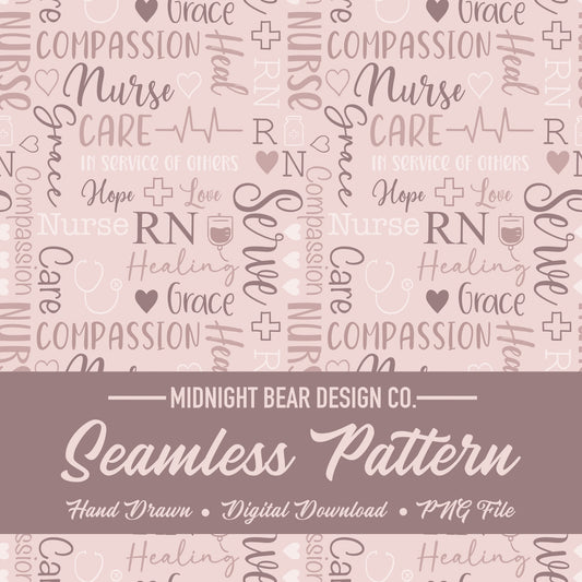 Nurse Word Grid Seamless Pattern | RN Compassion Care Healing Words, Neutral Mauve Nursing Typography Design, nurse appreciation, nurse gift