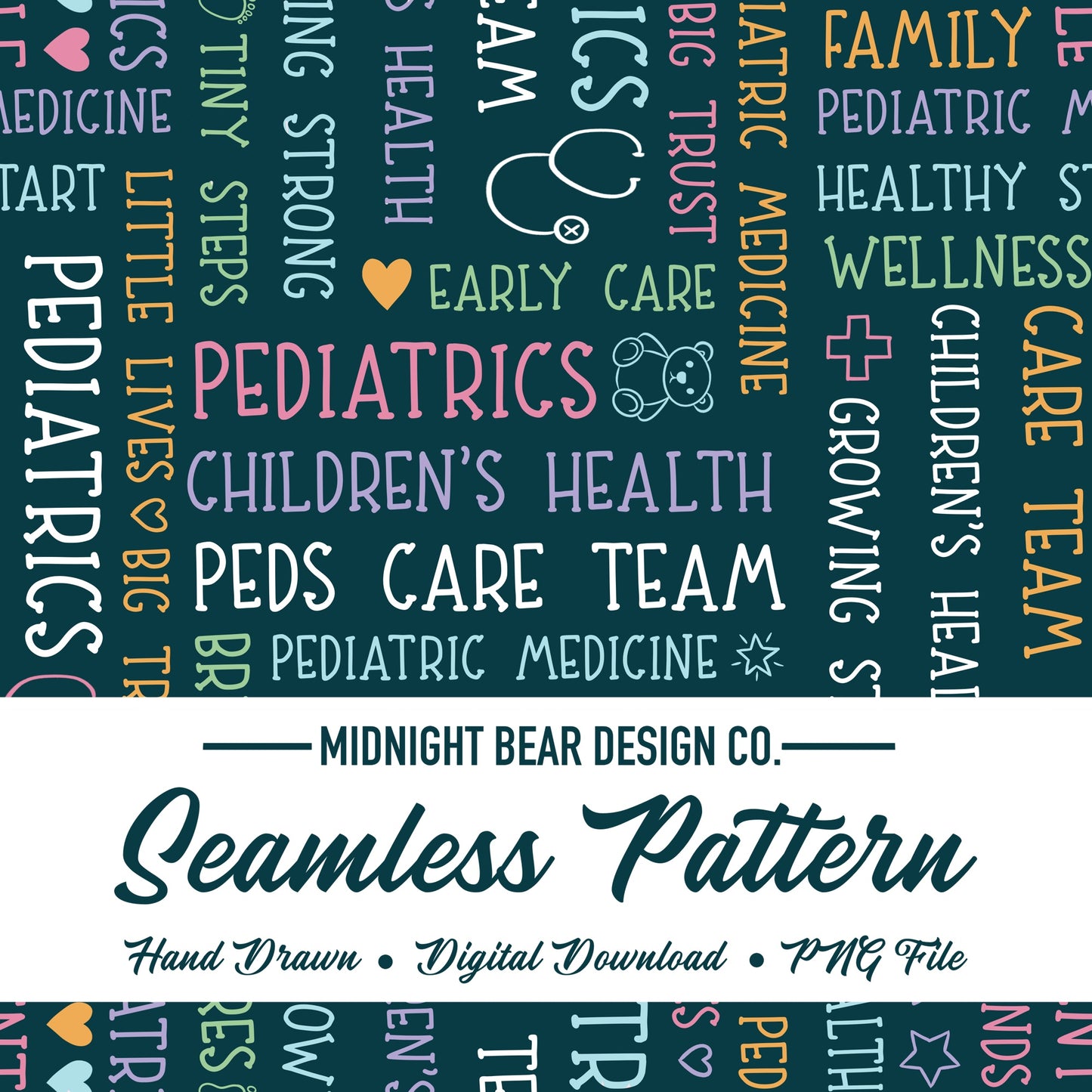 Teal Blue Multi-Color Pediatrics Word Grid Seamless Pattern