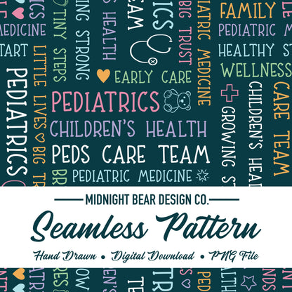 Teal Blue Multi-Color Pediatrics Word Grid Seamless Pattern