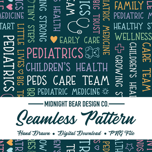 Teal Blue Multi-Color Pediatrics Word Grid Seamless Pattern