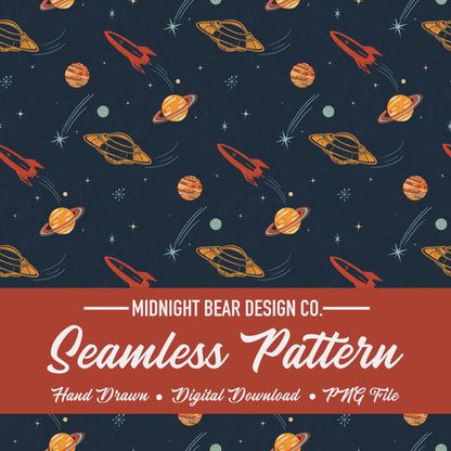Retro Space Vintage UFO and Rocket Navy Seamless Pattern