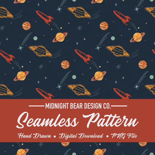 Retro Space Vintage UFO and Rocket Navy Seamless Pattern