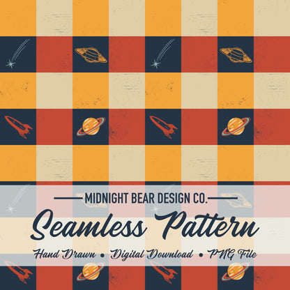 Retro Space Checker Seamless Pattern Navy and Orange