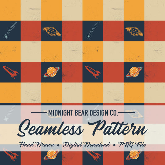 Retro Space Checker Seamless Pattern Navy and Orange