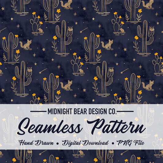 Hand Drawn Desert Sky Cactus Seamless Pattern – Boho Desert Floral PNG for Fabric, Scrapbooking, Sublimation, Instant Download Digital Paper