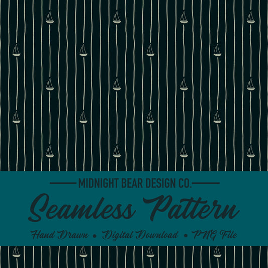 Hand drawn Sailboat Seamless Pattern, Nautical Adventure Line Art Design, Coastal Fabric, Wallpaper, Digital Paper, wavy stripe pattern