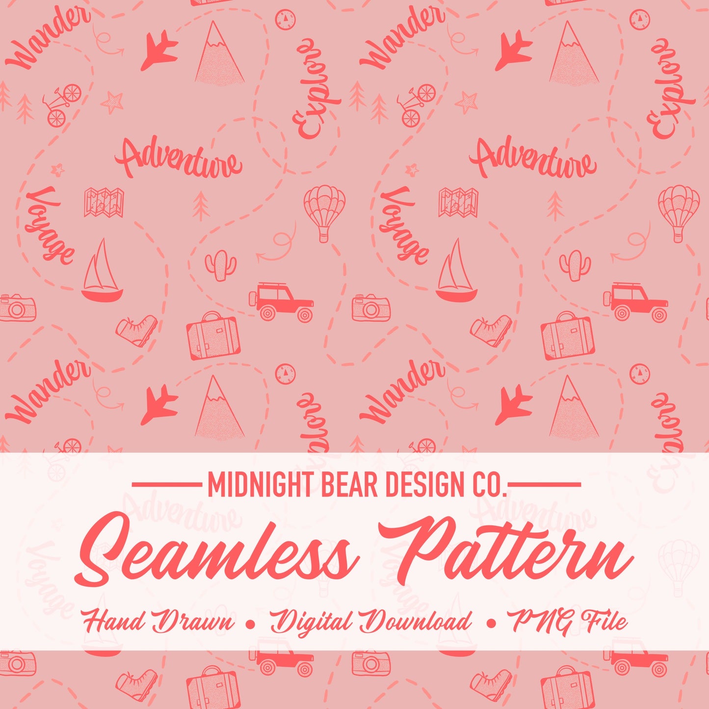Adventure Doodle Seamless Pattern | Travel Digital Paper, Wanderlust Fabric Design, Explore & Voyage Scrapbook Background, Hand drawn