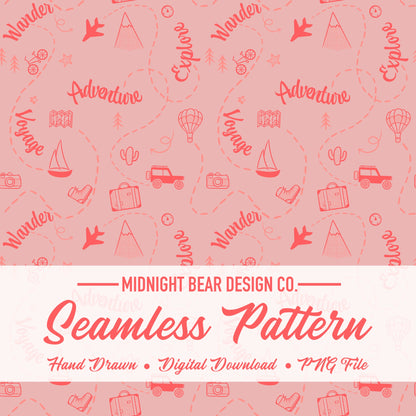 Adventure Doodle Seamless Pattern | Travel Digital Paper, Wanderlust Fabric Design, Explore & Voyage Scrapbook Background, Hand drawn