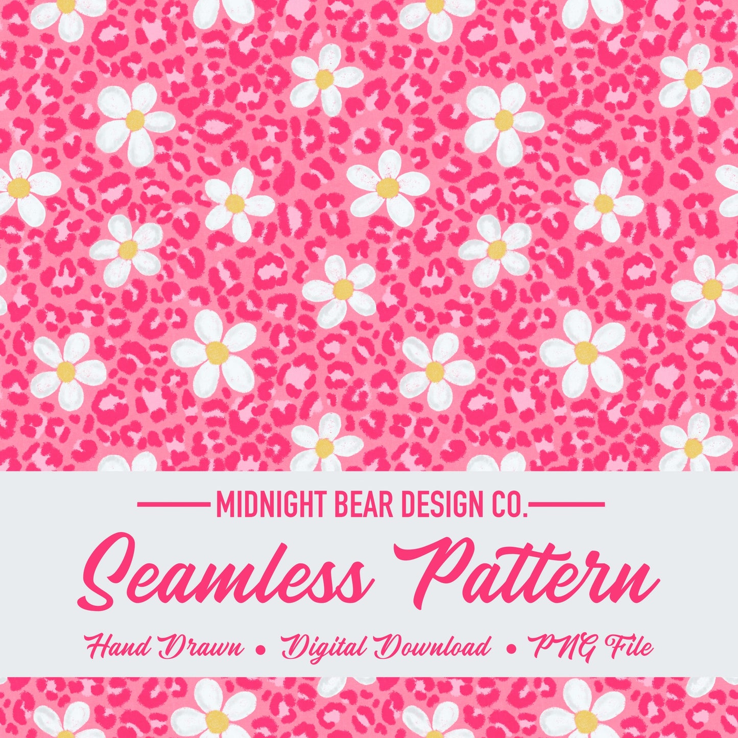 Pink Daisy Leopard Print Seamless Pattern Hot Pink Animal Print Digital Paper, Coquette Fabric, Digital Scrapbook, Hand Drawn, PNG Download