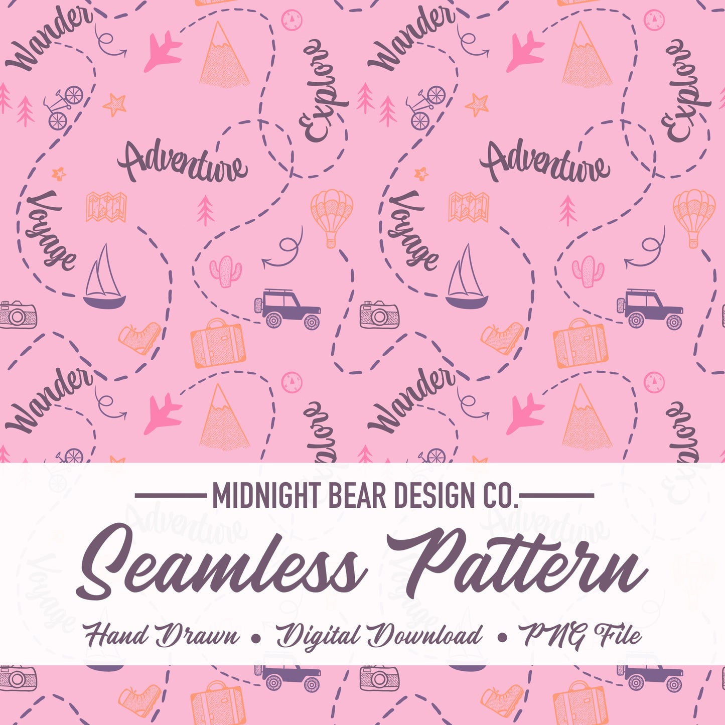 Adventure Doodle Seamless Pattern | Travel Digital Paper, Wanderlust Fabric Design, Explore & Voyage Scrapbook Background, Hand drawn