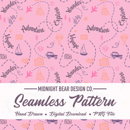 Adventure Doodle Seamless Pattern | Travel Digital Paper, Wanderlust Fabric Design, Explore & Voyage Scrapbook Background, Hand drawn