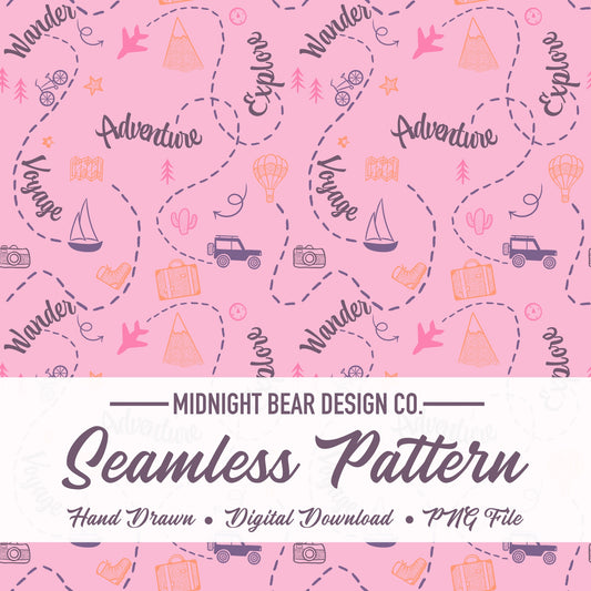Adventure Doodle Seamless Pattern | Travel Digital Paper, Wanderlust Fabric Design, Explore & Voyage Scrapbook Background, Hand drawn