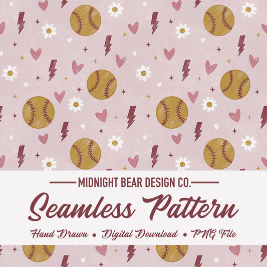 Retro Grunge Softball Seamless Pattern Pink Coquette