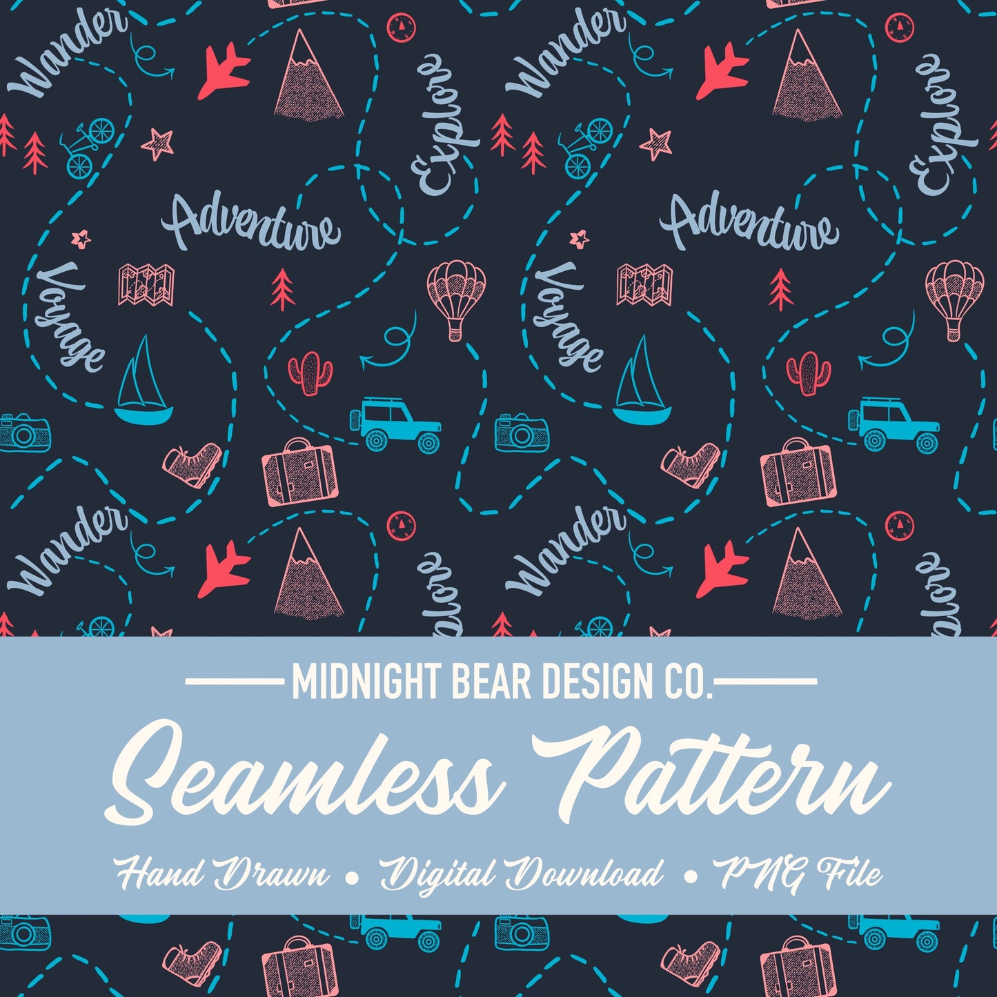 Adventure Doodle Seamless Pattern | Travel Digital Paper, Wanderlust Fabric Design, Explore & Voyage Scrapbook Background, Hand drawn