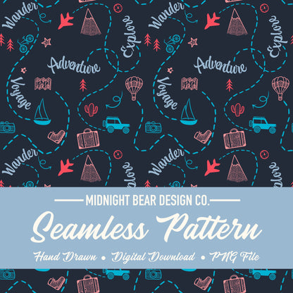 Adventure Doodle Seamless Pattern | Travel Digital Paper, Wanderlust Fabric Design, Explore & Voyage Scrapbook Background, Hand drawn
