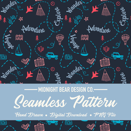 Adventure Doodle Seamless Pattern | Travel Digital Paper, Wanderlust Fabric Design, Explore & Voyage Scrapbook Background, Hand drawn