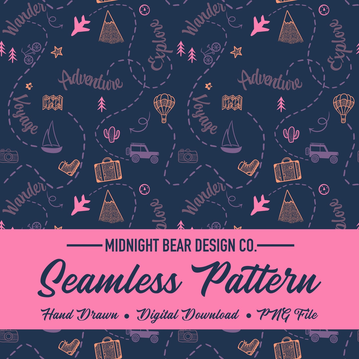 Adventure Doodle Seamless Pattern | Travel Digital Paper, Wanderlust Fabric Design, Explore & Voyage Scrapbook Background, Hand drawn