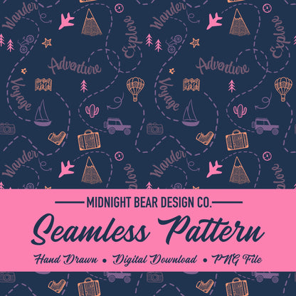 Adventure Doodle Seamless Pattern | Travel Digital Paper, Wanderlust Fabric Design, Explore & Voyage Scrapbook Background, Hand drawn