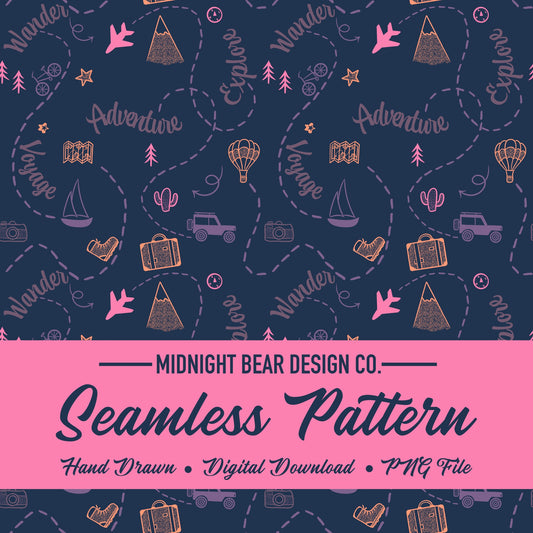 Adventure Doodle Seamless Pattern | Travel Digital Paper, Wanderlust Fabric Design, Explore & Voyage Scrapbook Background, Hand drawn