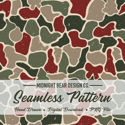 Christmas Camo Seamless Pattern Trees, Stockings, Ornaments in Red and Green