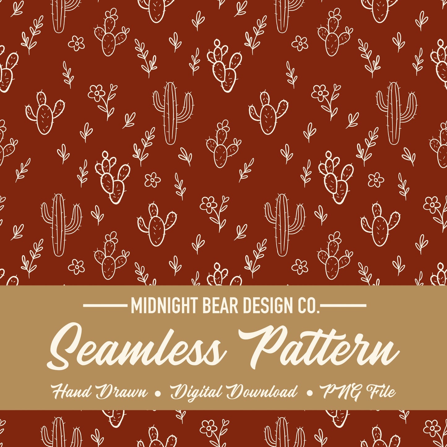 Hand Drawn Cactus Seamless Pattern – Boho Desert Floral PNG for Fabric, Scrapbooking, Wallpaper, Sublimation, Instant Download Digital Paper