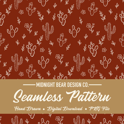 Hand Drawn Cactus Seamless Pattern – Boho Desert Floral PNG for Fabric, Scrapbooking, Wallpaper, Sublimation, Instant Download Digital Paper