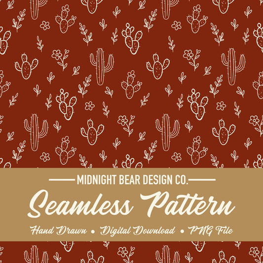 Hand Drawn Cactus Seamless Pattern – Boho Desert Floral PNG for Fabric, Scrapbooking, Wallpaper, Sublimation, Instant Download Digital Paper