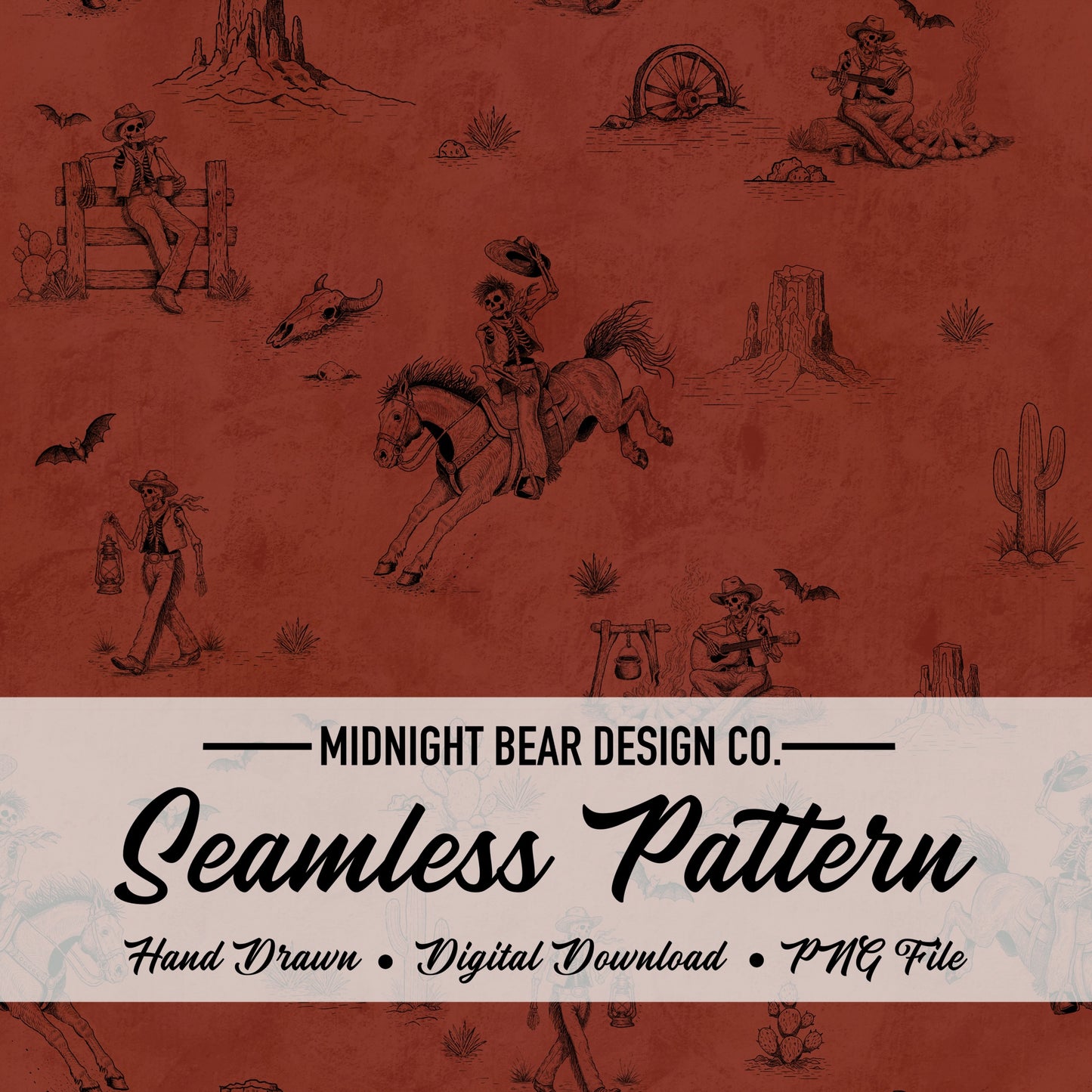 Skeleton Ranch Halloween Toile Seamless Pattern Rust Red