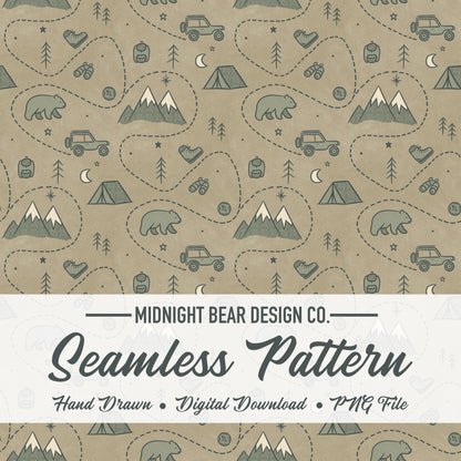 Adventure Camping Seamless Pattern | Explore Outdoors Illustration | Bear Mountain Camp Jeep Kids Pattern for Fabric, Crafts, Scrapbooking