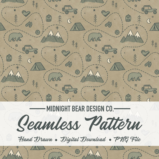 Adventure Camping Seamless Pattern | Explore Outdoors Illustration | Bear Mountain Camp Jeep Kids Pattern for Fabric, Crafts, Scrapbooking