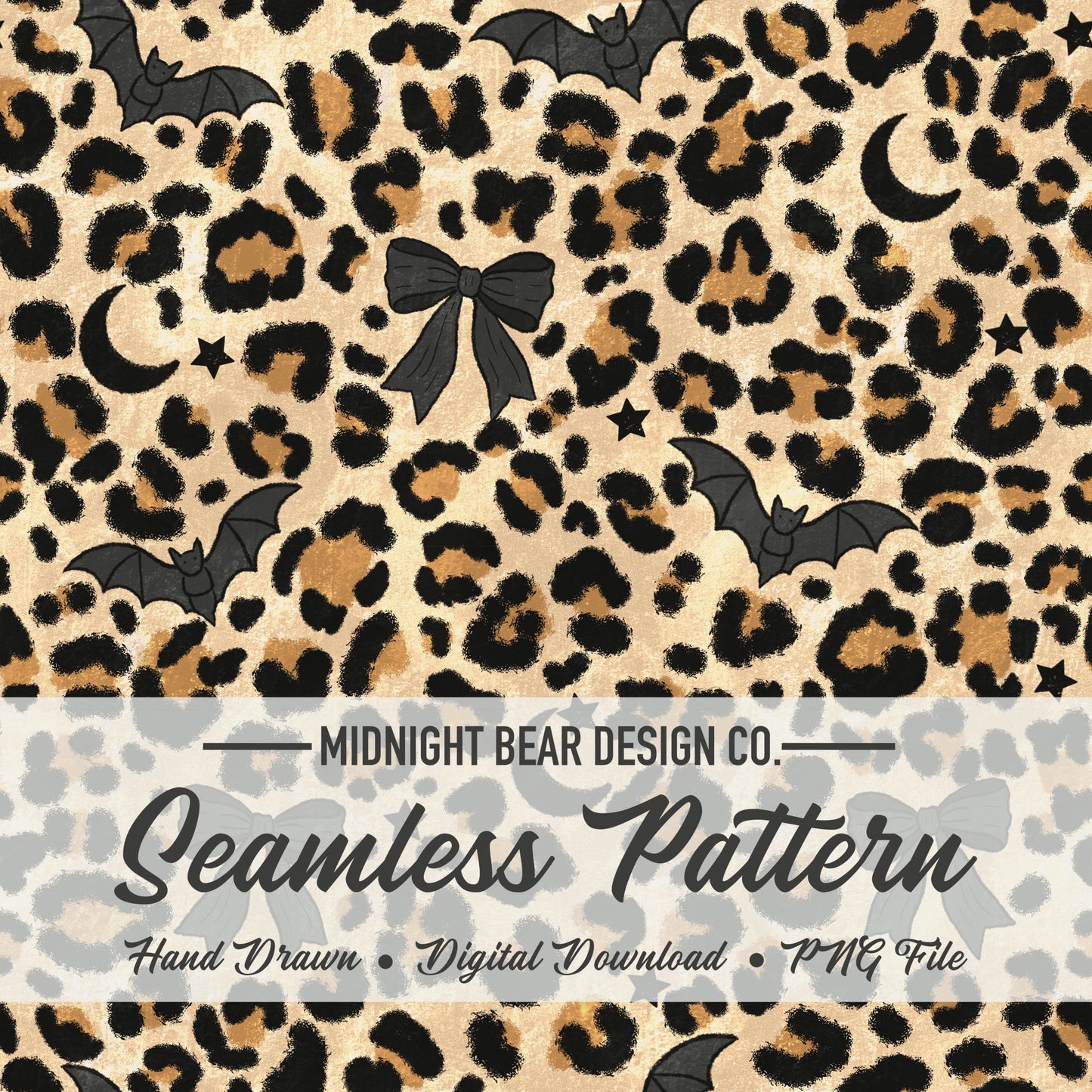 Halloween Leopard with Bats and Bows Seamless Pattern Tan Colorway