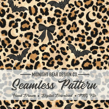Halloween Leopard with Bats and Bows Seamless Pattern Tan Colorway