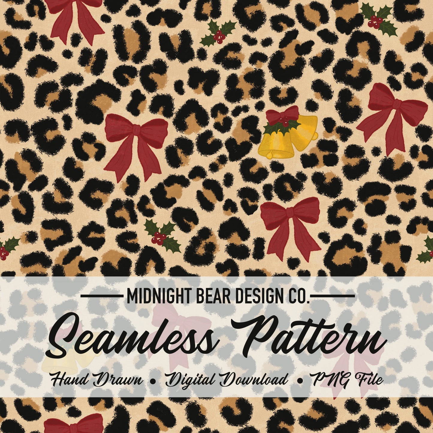 Christmas Leopard Print Seamless Pattern, Red Bows and Bells, Holly