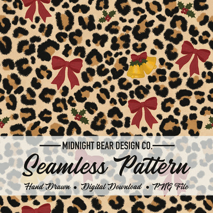 Christmas Leopard Print Seamless Pattern, Red Bows and Bells, Holly