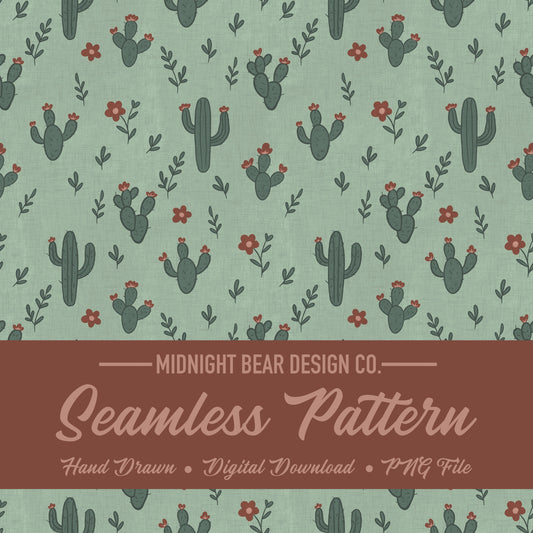 Cactus Seamless Pattern | Mint Teal Desert Floral Print | Hand-Drawn Southwest Cacti Digital Paper for Fabric, Crafts, Scrapbooking