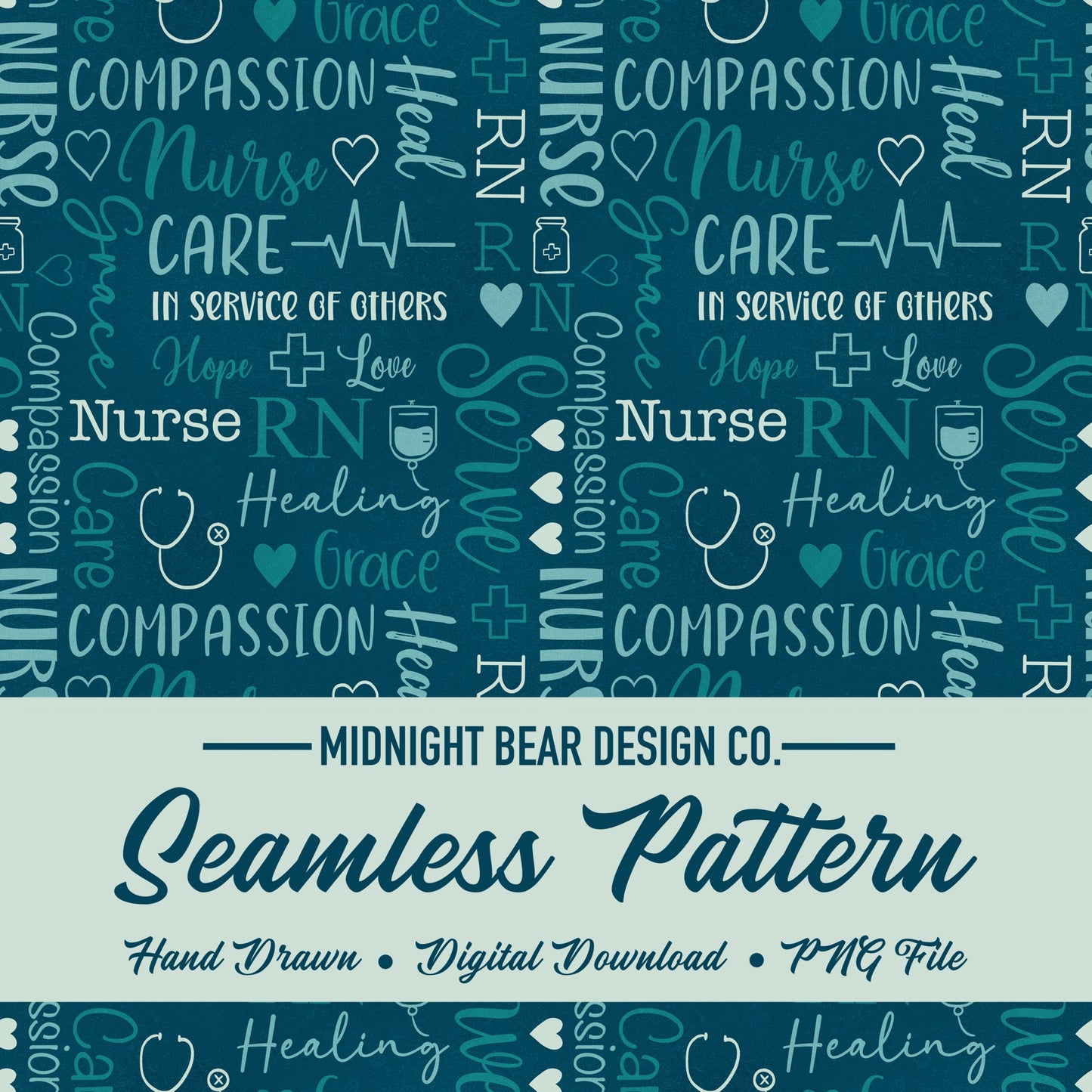 Teal Nurse Word Grid, Nursing Appreciation Seamless Pattern