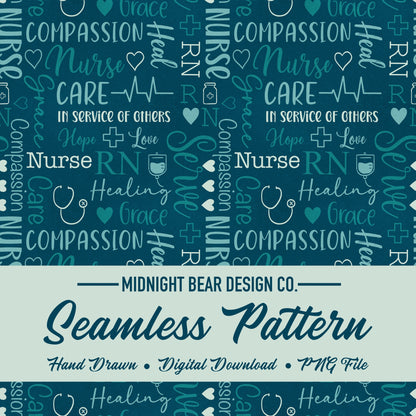 Teal Nurse Word Grid, Nursing Appreciation Seamless Pattern