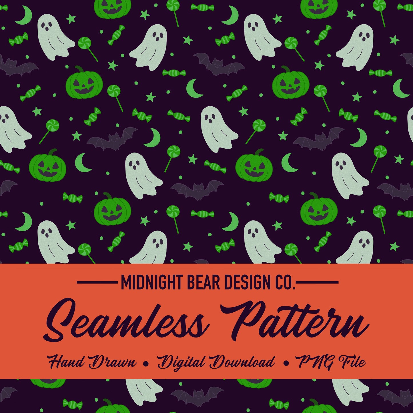Pumpkins Ghosts Candy Green Seamless Pattern Instant Digital Download