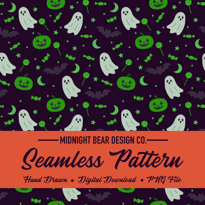 Pumpkins Ghosts Candy Green Seamless Pattern Instant Digital Download