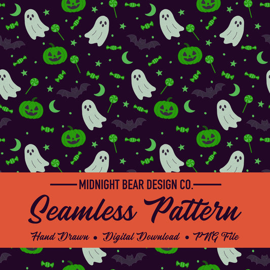 Pumpkins Ghosts Candy Green Seamless Pattern Instant Digital Download