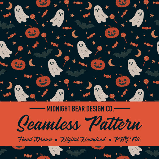 Pumpkins Ghosts & Candy Orange Seamless Pattern Instant Digital Download