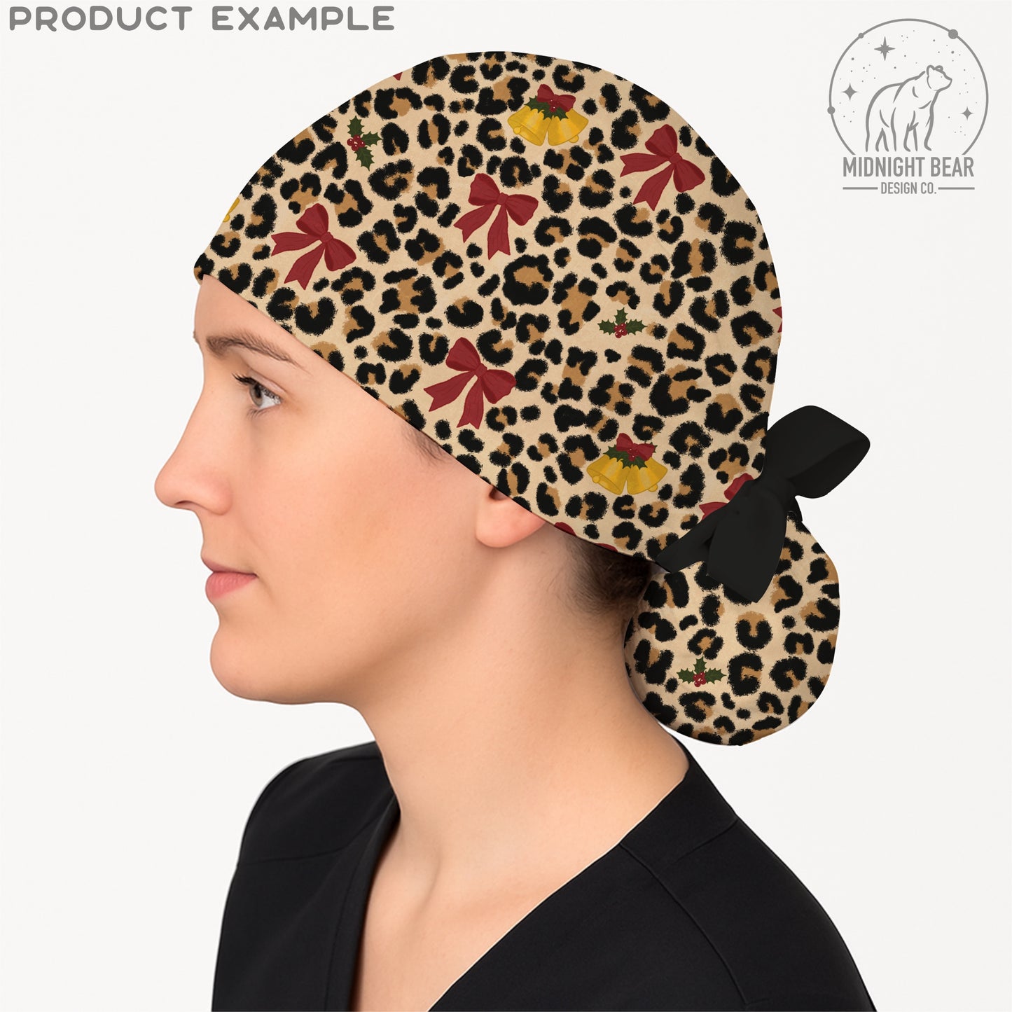 Christmas Leopard Print Seamless Pattern, Red Bows and Bells, Holly